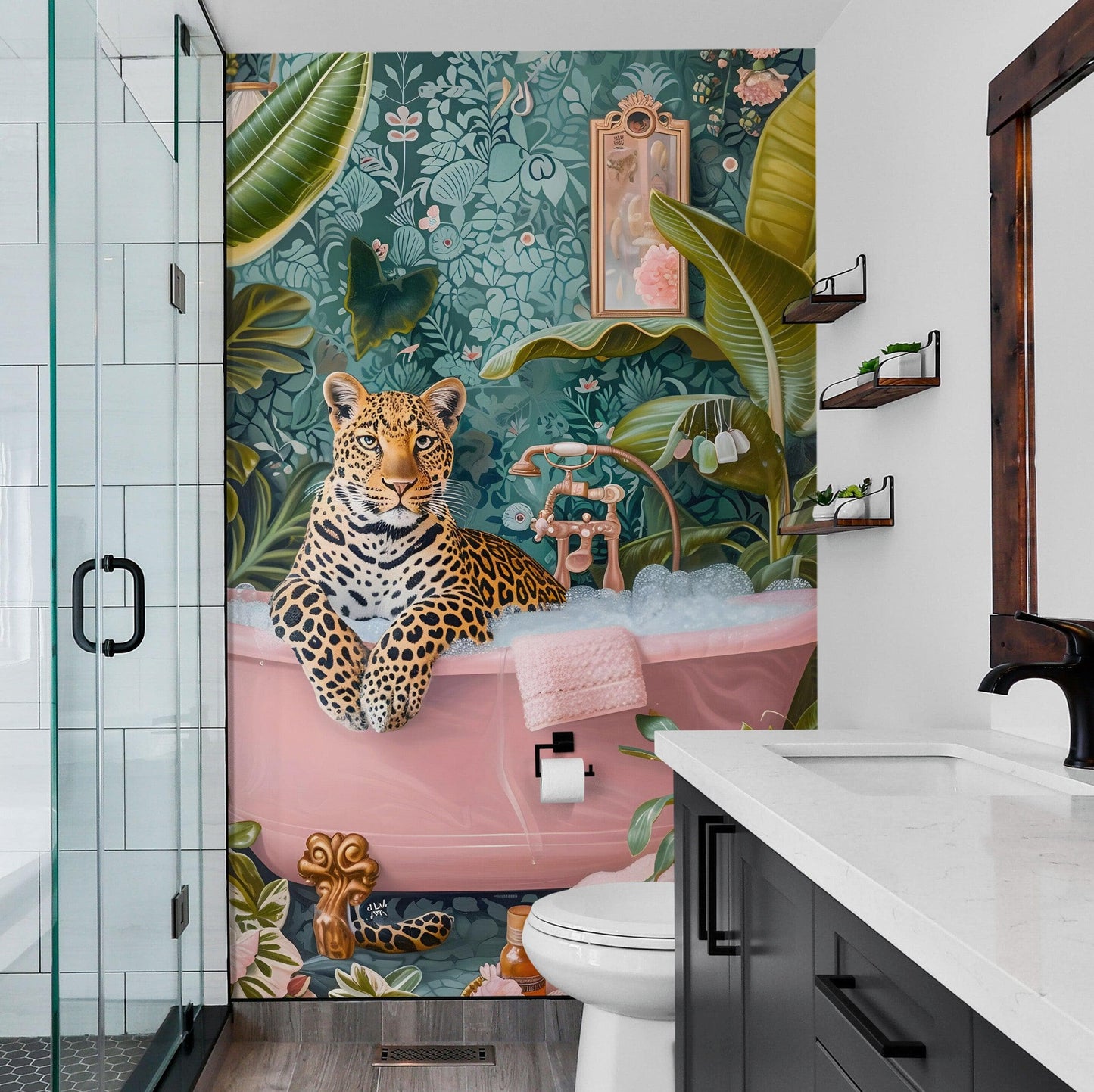 Leopard in Pink Bathtub. Stylish Animal Chic Print Wallpaper. #6852