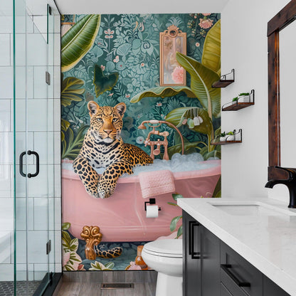 Leopard in Pink Bathtub. Stylish Animal Chic Print Wallpaper. #6852