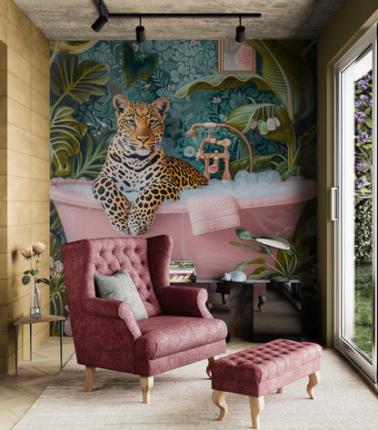 Leopard in Pink Bathtub. Stylish Animal Chic Print Wallpaper. #6852