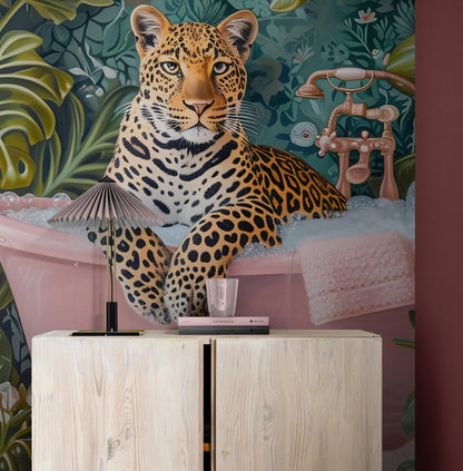 Leopard in Pink Bathtub. Stylish Animal Chic Print Wallpaper. #6852