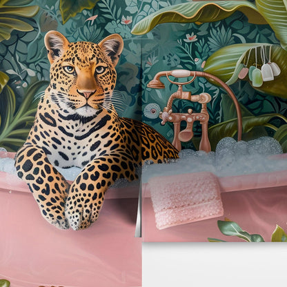 Leopard in Pink Bathtub. Stylish Animal Chic Print Wallpaper. #6852