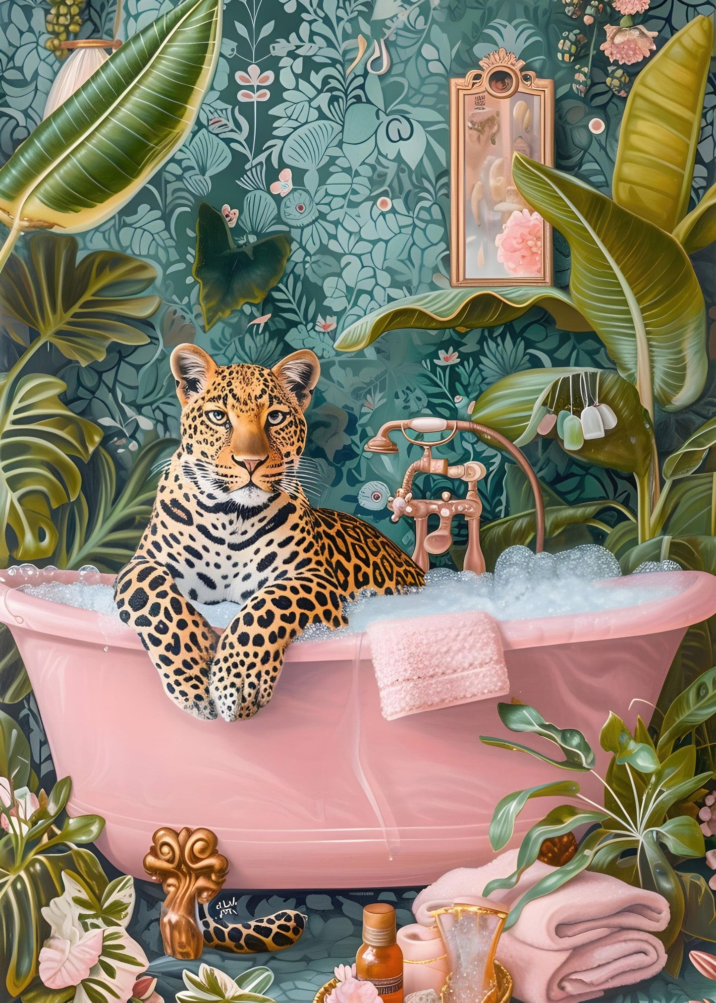 Leopard in Pink Bathtub. Stylish Animal Chic Print Wallpaper. #6852