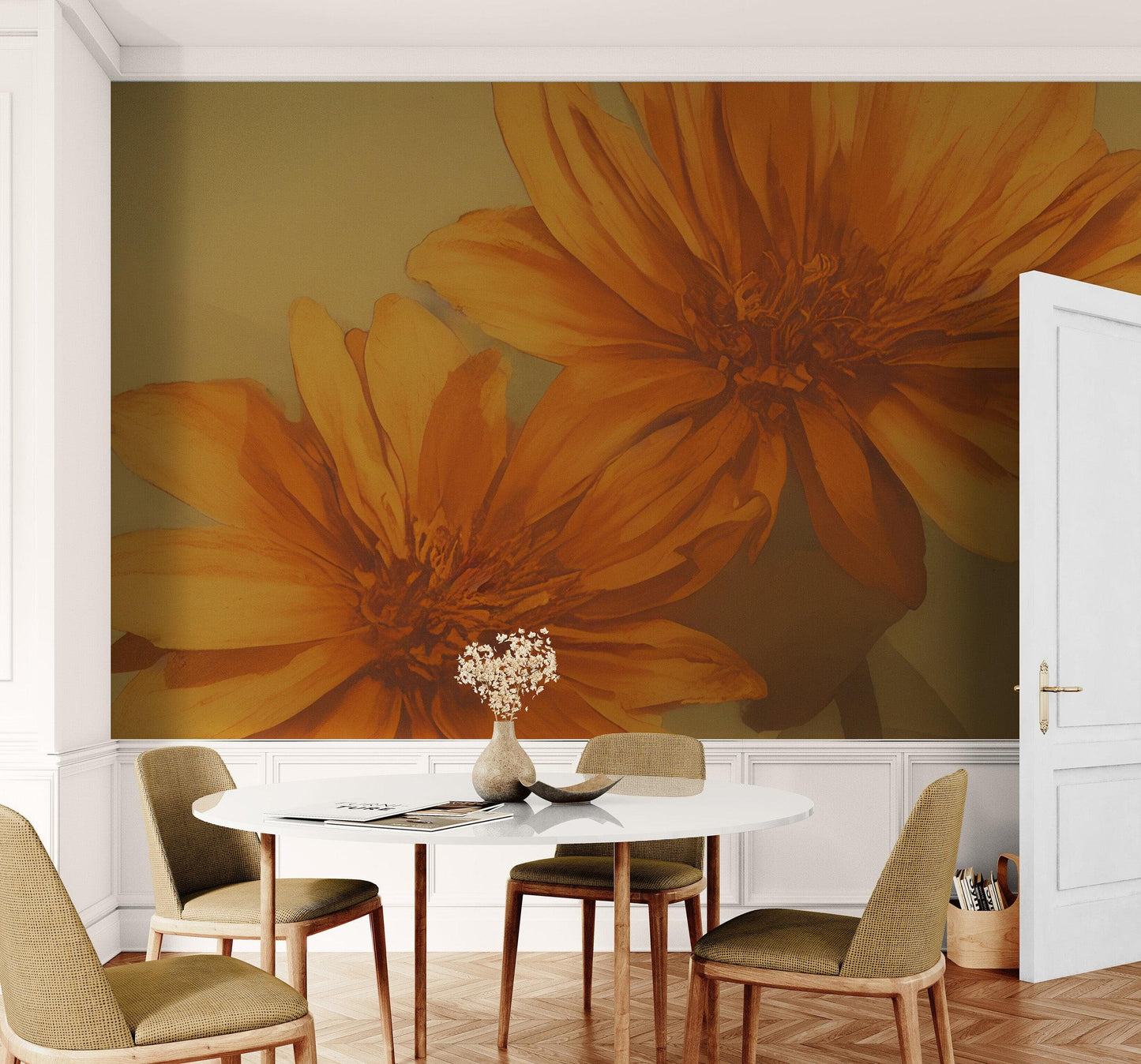 Vintage Pastel Floral Wallpaper – Yellow and Orange Botanical Flower Painting Wall Mural. #6855