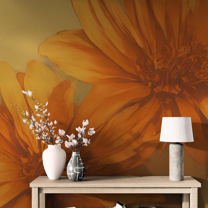 Vintage Pastel Floral Wallpaper – Yellow and Orange Botanical Flower Painting Wall Mural. #6855