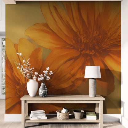 Vintage Pastel Floral Wallpaper – Yellow and Orange Botanical Flower Painting Wall Mural. #6855