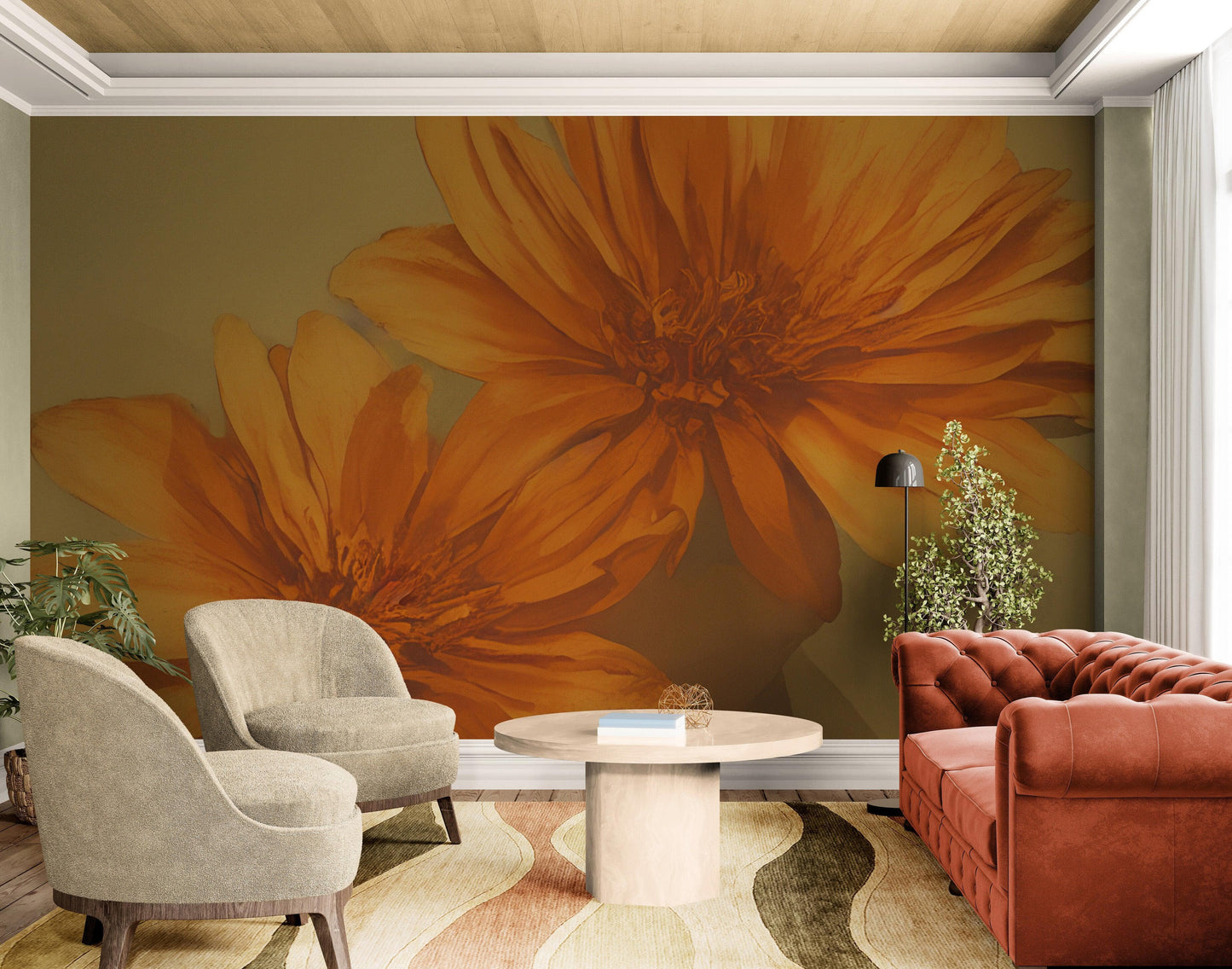 Vintage Pastel Floral Wallpaper – Yellow and Orange Botanical Flower Painting Wall Mural. #6855