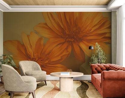 Vintage Pastel Floral Wallpaper – Yellow and Orange Botanical Flower Painting Wall Mural. #6855