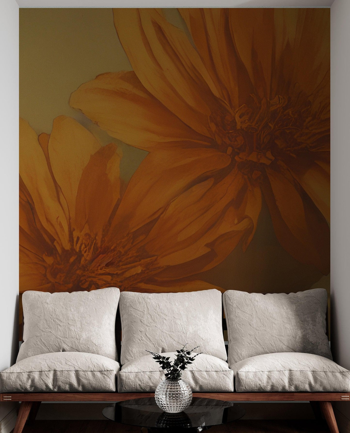 Vintage Pastel Floral Wallpaper – Yellow and Orange Botanical Flower Painting Wall Mural. #6855