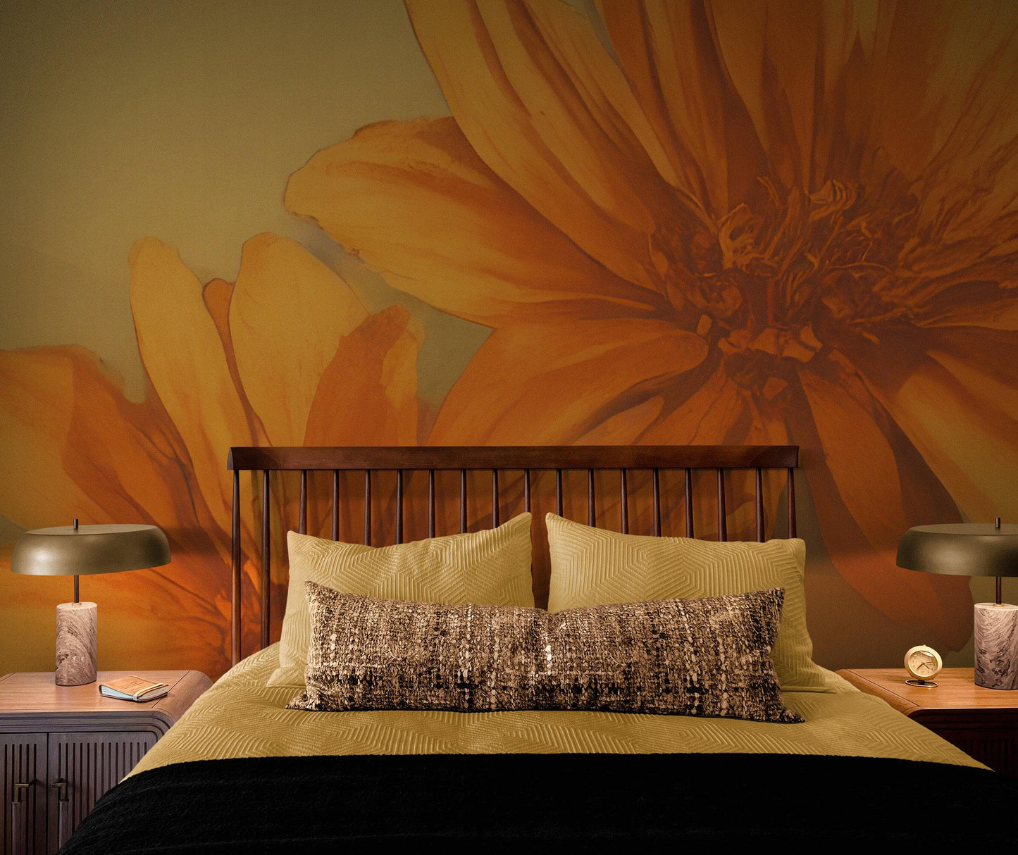 Vintage Pastel Floral Wallpaper – Yellow and Orange Botanical Flower Painting Wall Mural. #6855