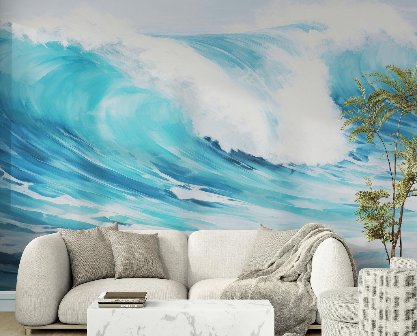 Artistic Painting of Blue Ocean Wave Wall Mural. #6870