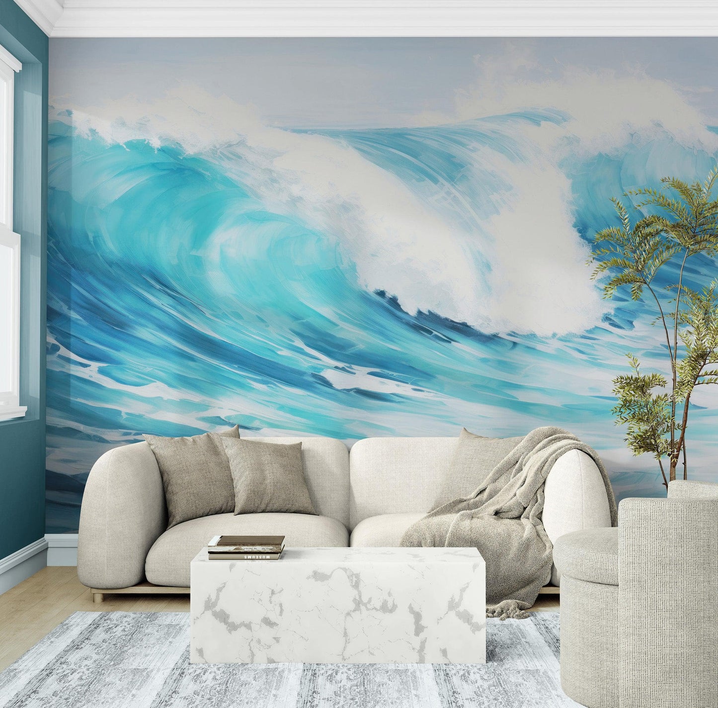 Artistic Painting of Blue Ocean Wave Wall Mural. #6870