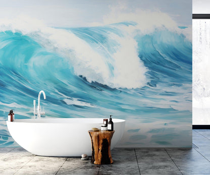 Artistic Painting of Blue Ocean Wave Wall Mural. #6870