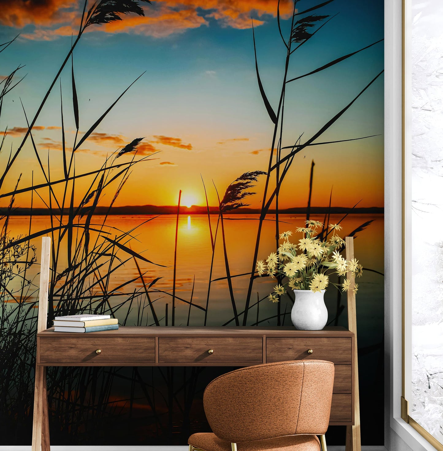Lakeside Retreat with Sunset Over Lake Wallpaper Mural. #6920