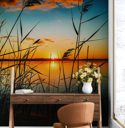 Lakeside Retreat with Sunset Over Lake Wallpaper Mural. #6920