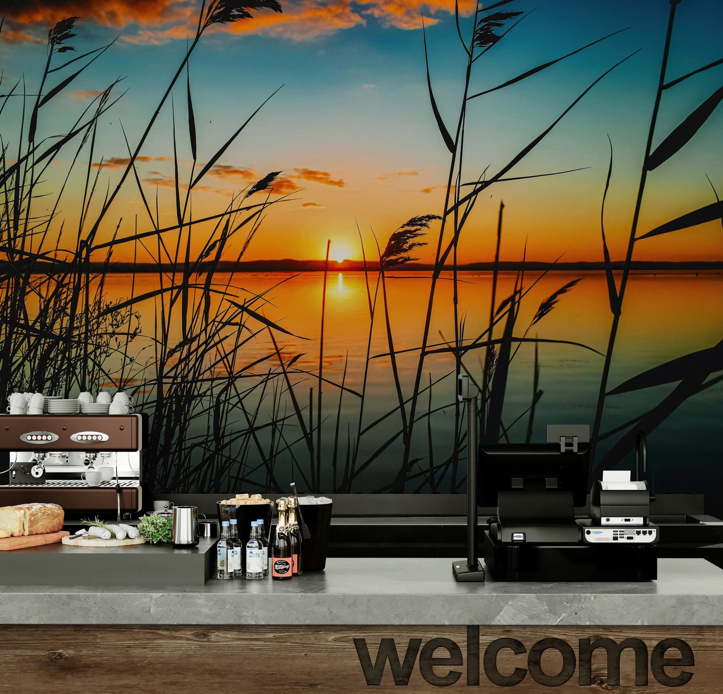 Lakeside Retreat with Sunset Over Lake Wallpaper Mural. #6920