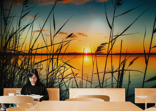 Lakeside Retreat with Sunset Over Lake Wallpaper Mural. #6920