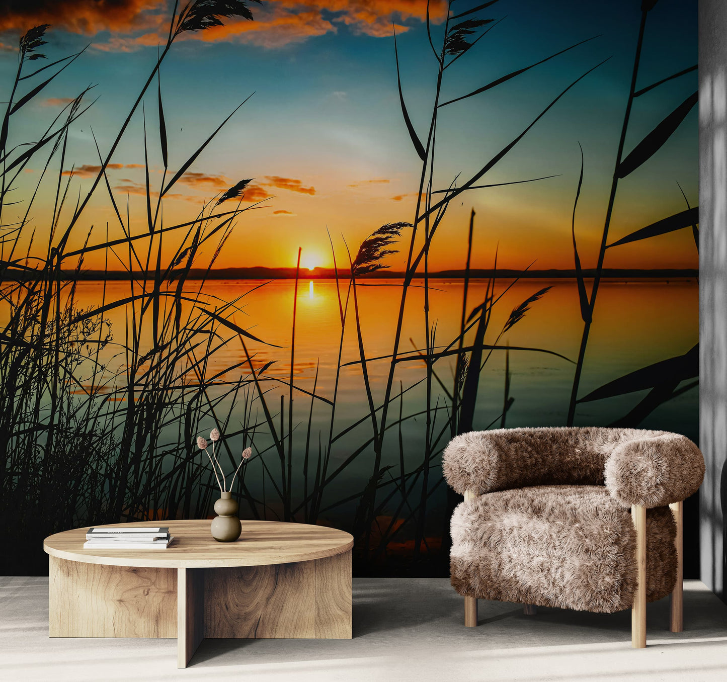 Lakeside Retreat with Sunset Over Lake Wallpaper Mural. #6920