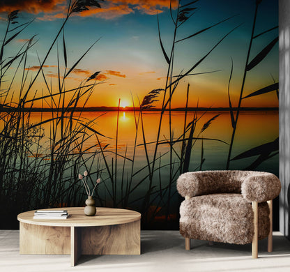 Lakeside Retreat with Sunset Over Lake Wallpaper Mural. #6920