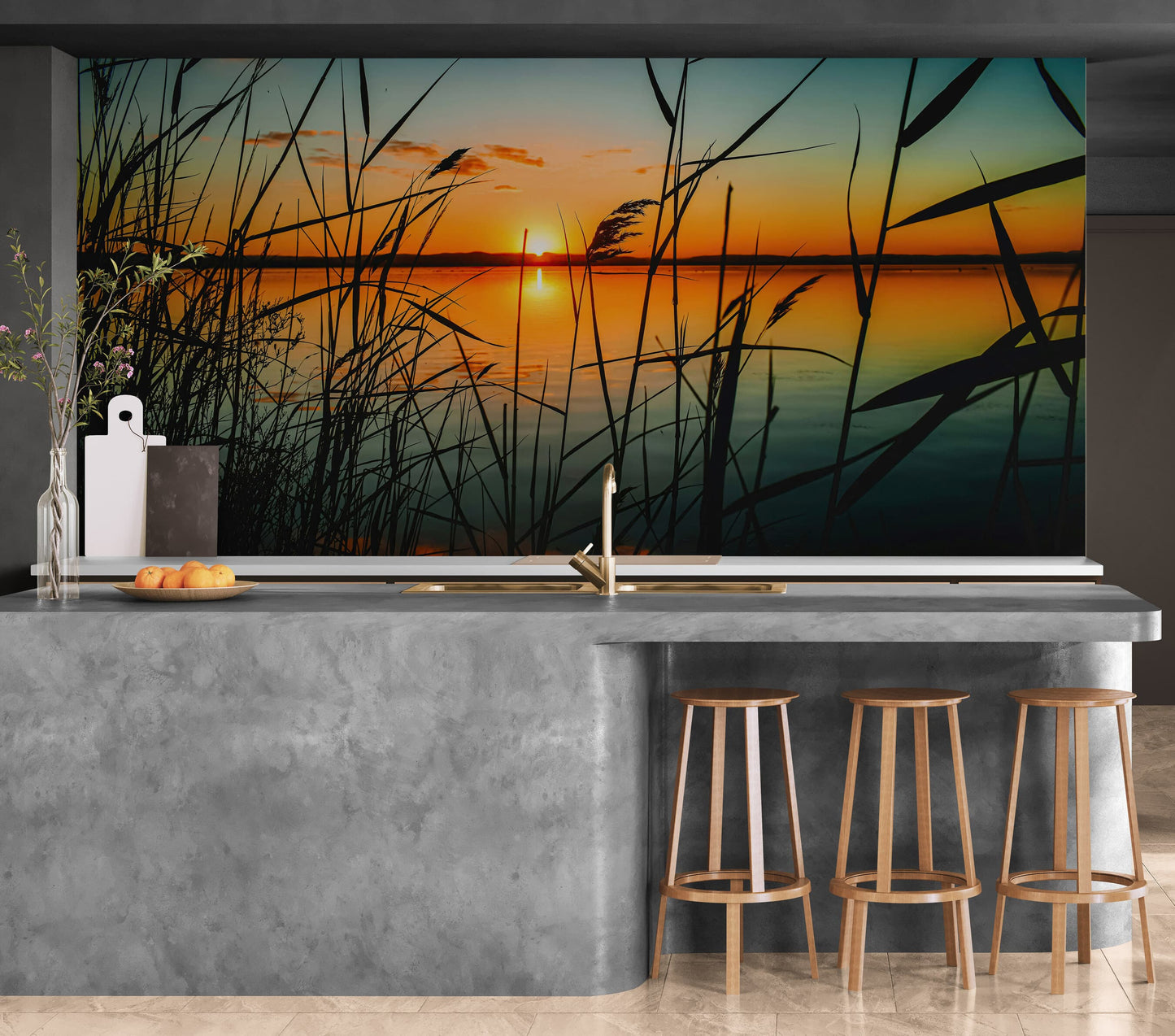 Lakeside Retreat with Sunset Over Lake Wallpaper Mural. #6920