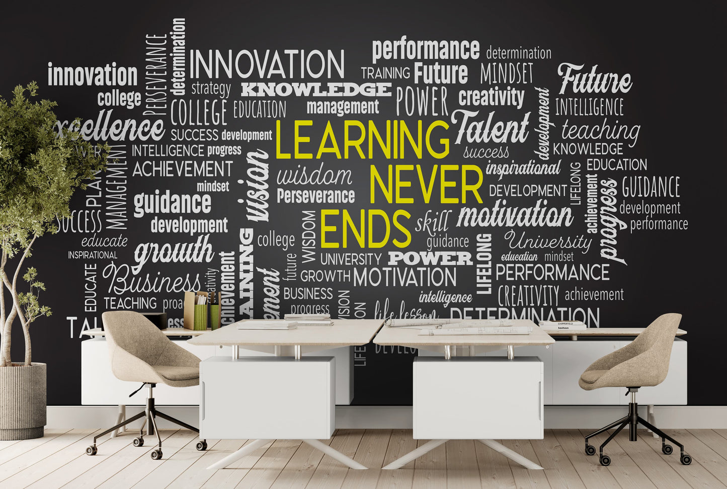Office Wall Quote Wallpaper Mural. Learning Never Ends Motivational Business Quote. #6927