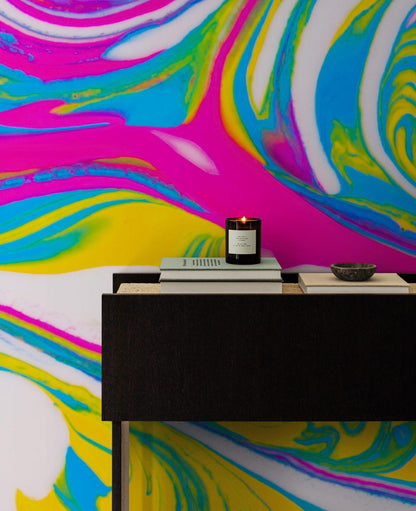 Vibrant Neon Ink Swirl Wallpaper. Abstract Pink, Yellow & Blue Colors. #6980