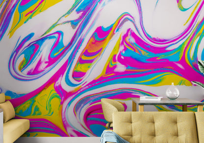 Vibrant Neon Ink Swirl Wallpaper. Abstract Pink, Yellow & Blue Colors. #6980