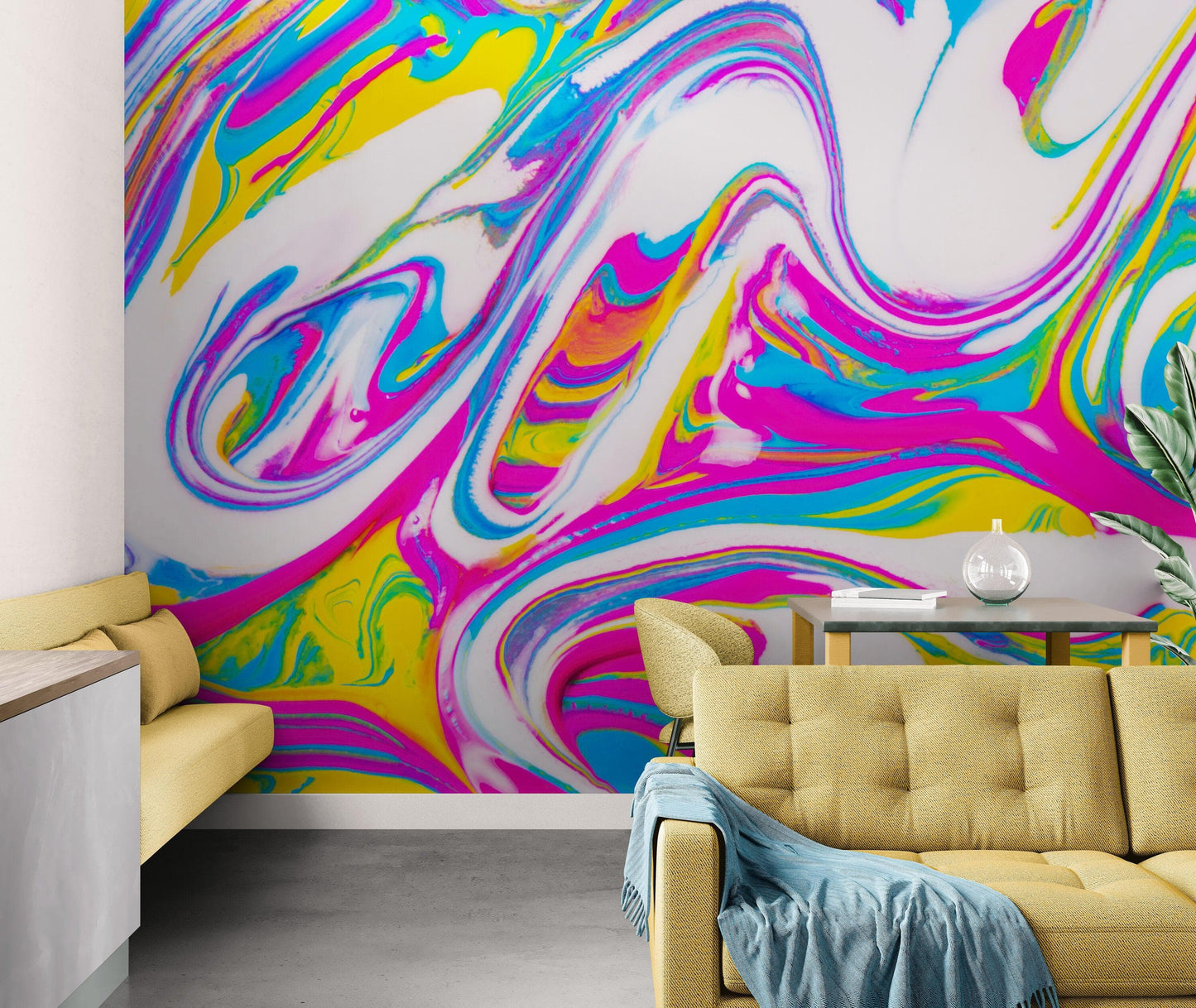 Vibrant Neon Ink Swirl Wallpaper. Abstract Pink, Yellow & Blue Colors. #6980