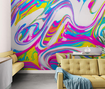 Vibrant Neon Ink Swirl Wallpaper. Abstract Pink, Yellow & Blue Colors. #6980
