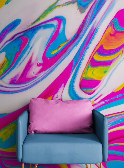 Vibrant Neon Ink Swirl Wallpaper. Abstract Pink, Yellow & Blue Colors. #6980