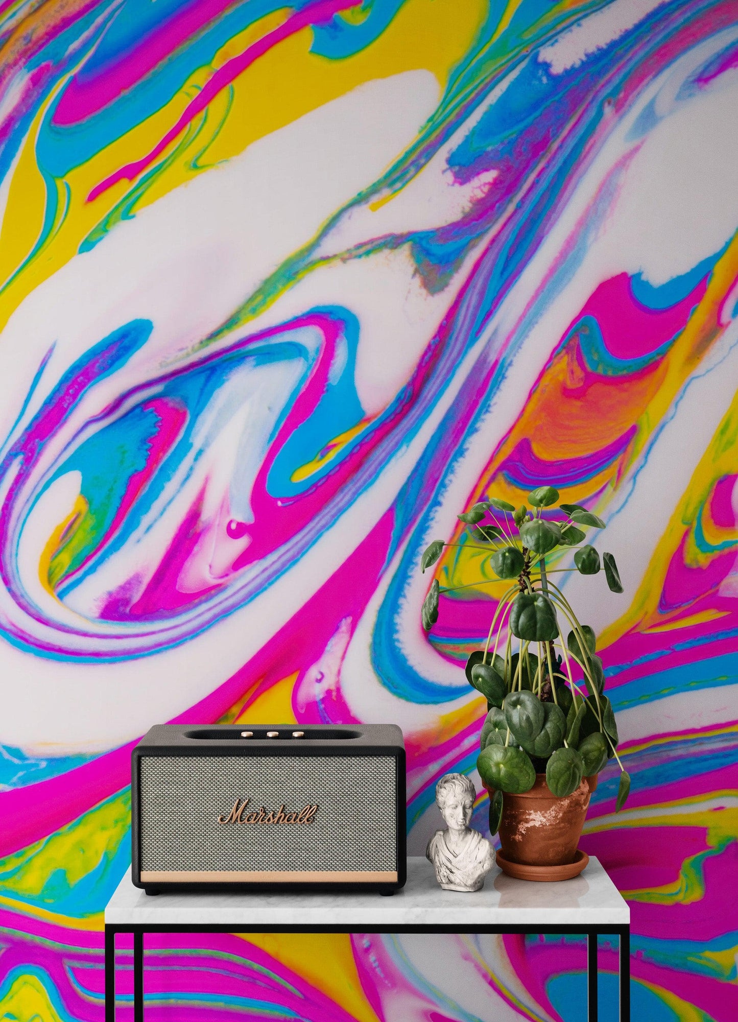 Vibrant Neon Ink Swirl Wallpaper. Abstract Pink, Yellow & Blue Colors. #6980