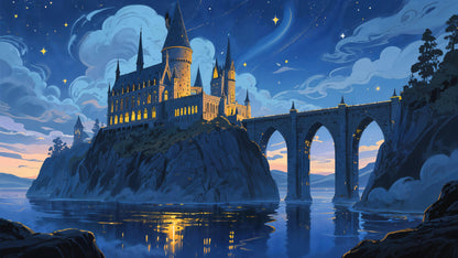 Magical Hogwarts Castle Twilight Wallpaper Mural. Wizardly World Fantasy Theme Wall Art. #6985
