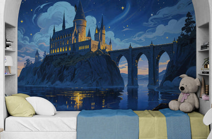 Magical Hogwarts Castle Twilight Wallpaper Mural. Wizardly World Fantasy Theme Wall Art. #6985
