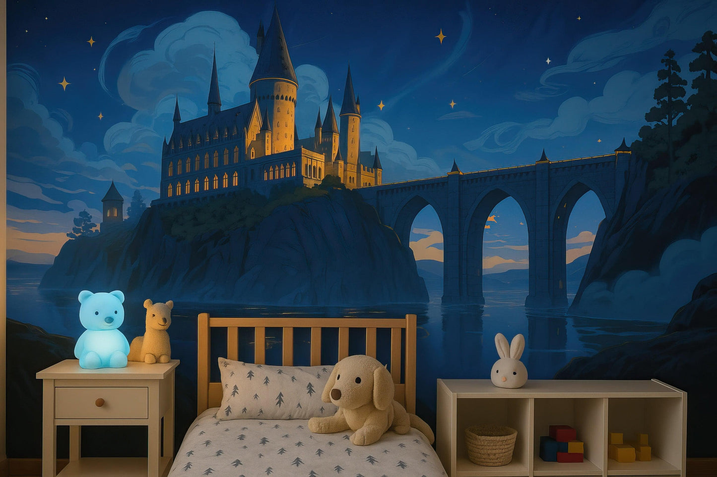 Magical Hogwarts Castle Twilight Wallpaper Mural. Wizardly World Fantasy Theme Wall Art. #6985