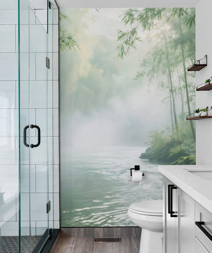 Foggy Bamboo Forest River Wallpaper Mural. #6986