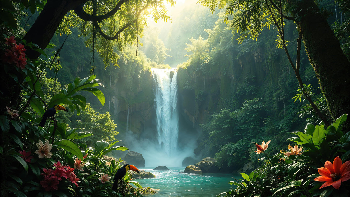 Tropical Rainforest Waterfall Wallpaper Wall Mural. #6987
