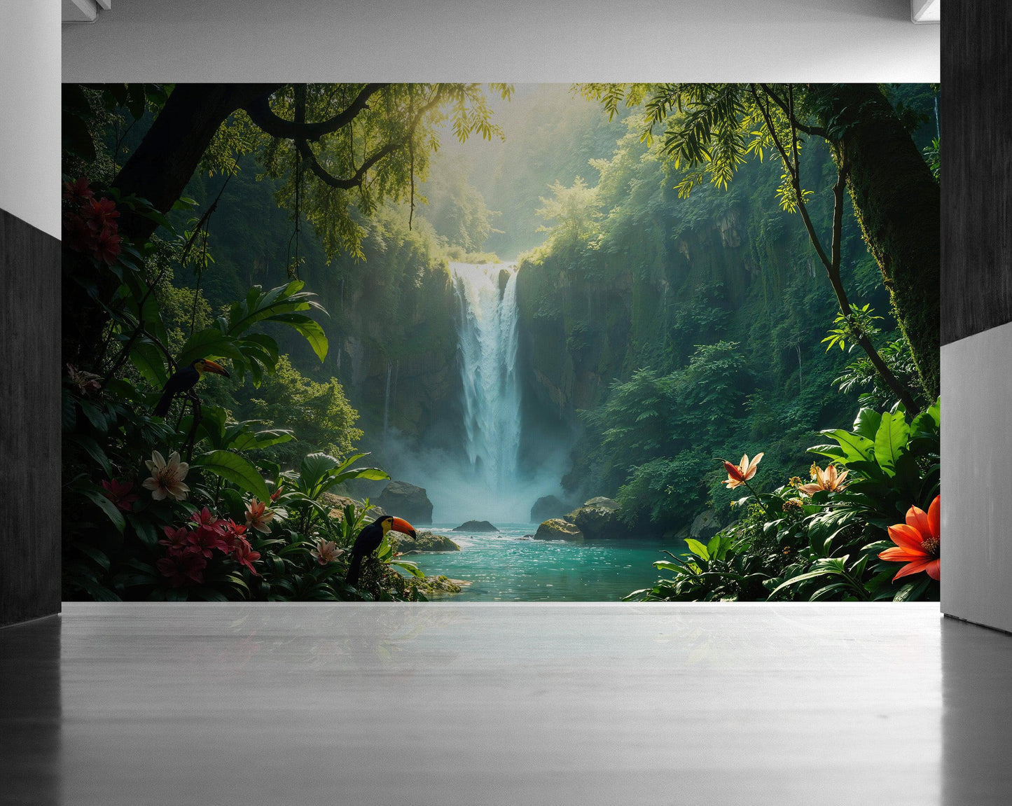 Tropical Rainforest Waterfall Wallpaper Wall Mural. #6987
