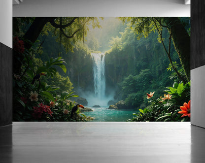 Tropical Rainforest Waterfall Wallpaper Wall Mural. #6987