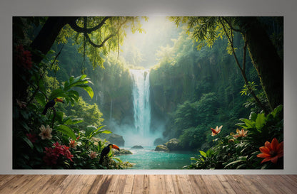 Tropical Rainforest Waterfall Wallpaper Wall Mural. #6987