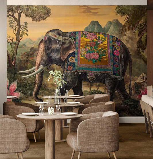 Decorative Indian Elephant Wallpaper Mural. Vintage Indian Wedding Theme. #6989