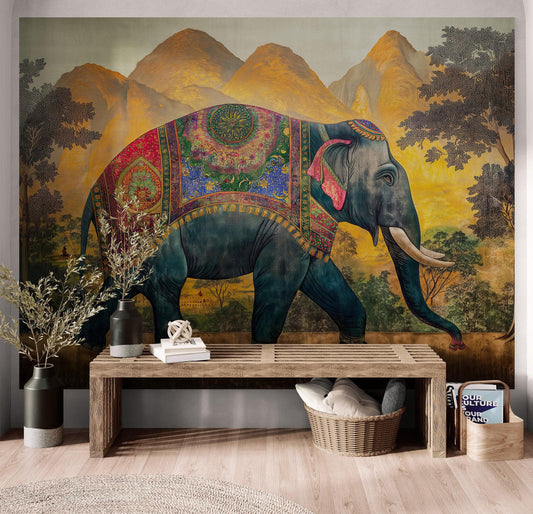 Vintage Decorated Indian Elephant Wallpaper Mural. #6990