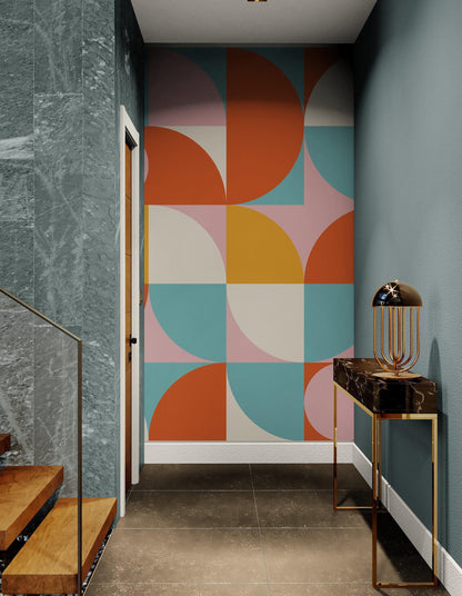 Geometric Shapes Contemporary Wall Mural. Pastel Color Orange, Pink, Blue, White. #7005