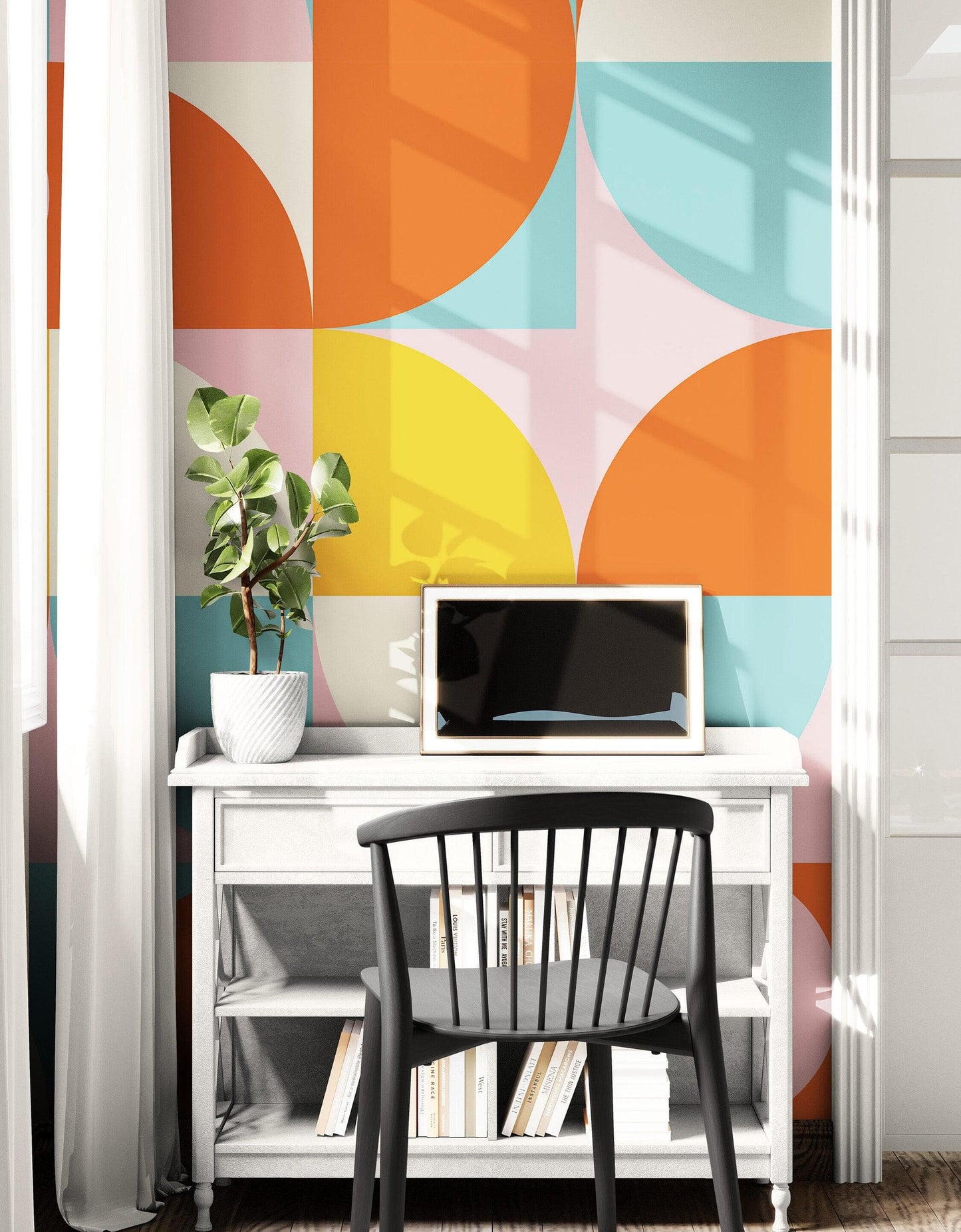 Geometric Shapes Contemporary Wall Mural. Pastel Color Orange, Pink, Blue, White. #7005