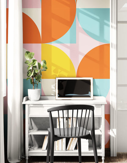 Geometric Shapes Contemporary Wall Mural. Pastel Color Orange, Pink, Blue, White. #7005
