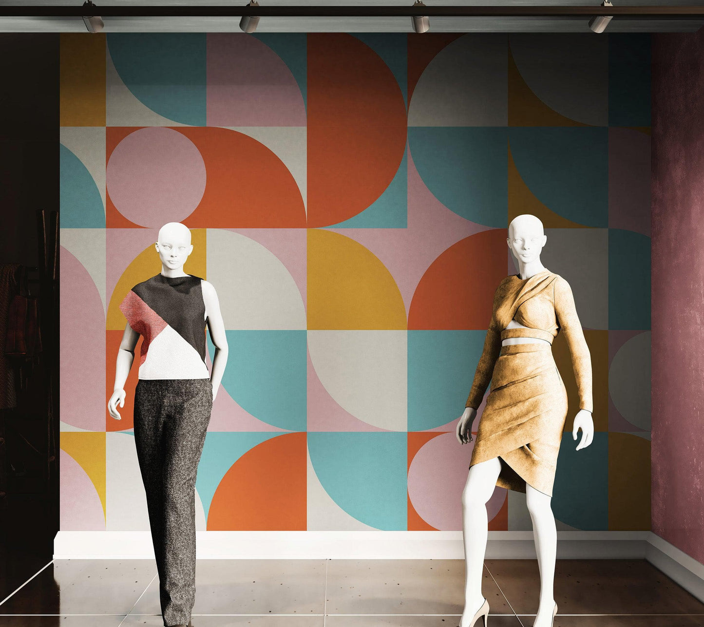 Geometric Shapes Contemporary Wall Mural. Pastel Color Orange, Pink, Blue, White. #7005