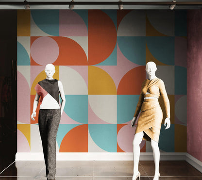 Geometric Shapes Contemporary Wall Mural. Pastel Color Orange, Pink, Blue, White. #7005