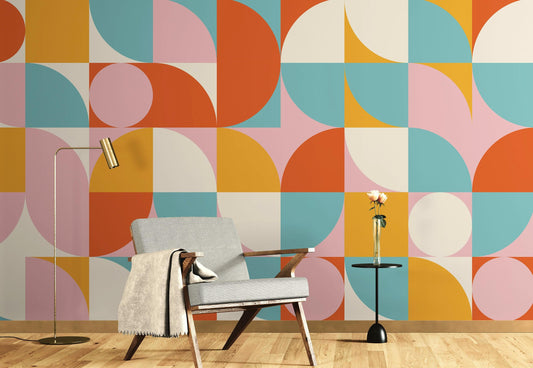 Geometric Shapes Contemporary Wall Mural. Pastel Color Orange, Pink, Blue, White. #7005