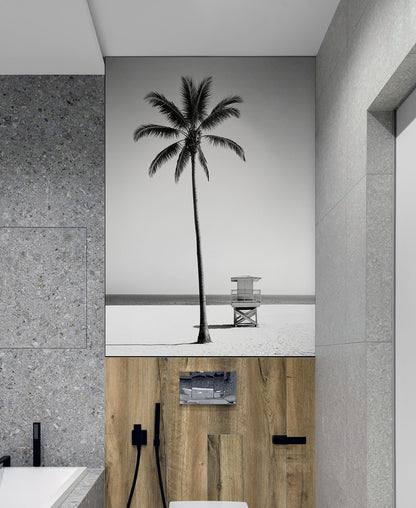 Black & White Tropical Palm Tree Beach Wallpaper Mural. #7015