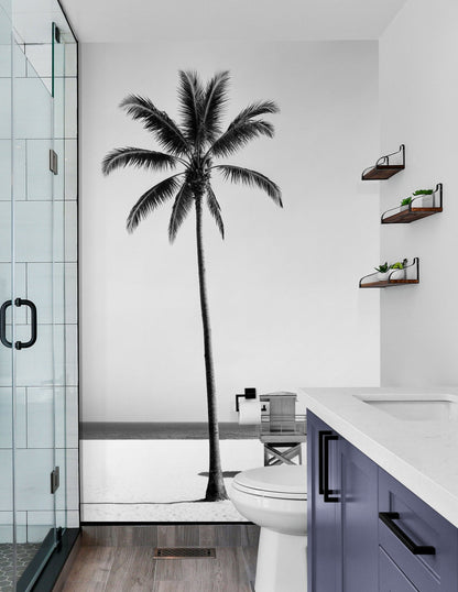 Black & White Tropical Palm Tree Beach Wallpaper Mural. #7015