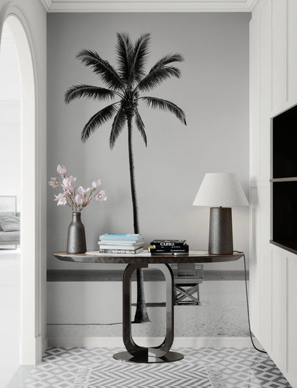 Black & White Tropical Palm Tree Beach Wallpaper Mural. #7015