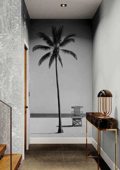 Black & White Tropical Palm Tree Beach Wallpaper Mural. #7015